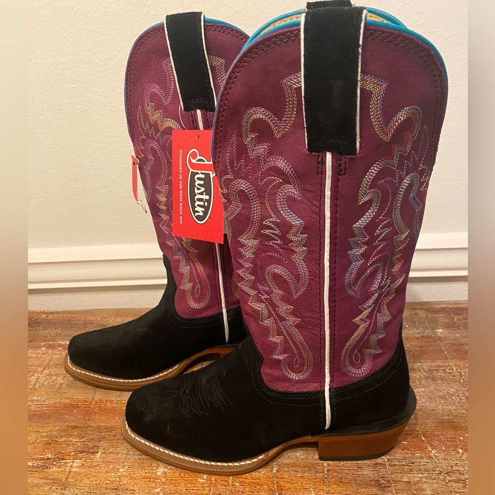 NWT JUSTIN Breaking News 🤩Black+Purple Suede  Boots Sz 6.5 $245